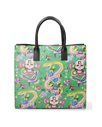 Geanta tote din piele cu model, Negru/Multicolor