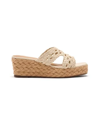 Papuci din piele cu talpa wedge si aspect crosetat, Alb murdar