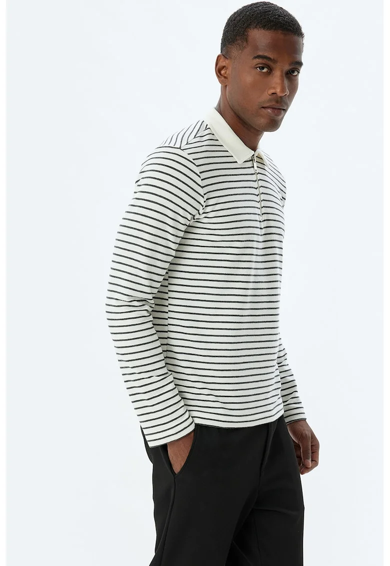Bluza polo cu model in dungi si fenta cu fermoar, Alb fildes/Negru stins