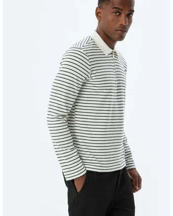 Bluza polo cu model in dungi si fenta cu fermoar, Alb fildes/Negru stins