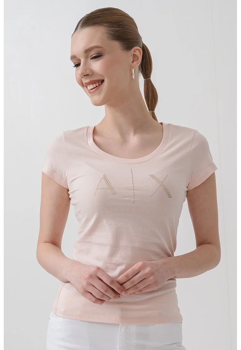 Tricou din bumbac cu aplicatii logo cu strasuri, Roz deschis