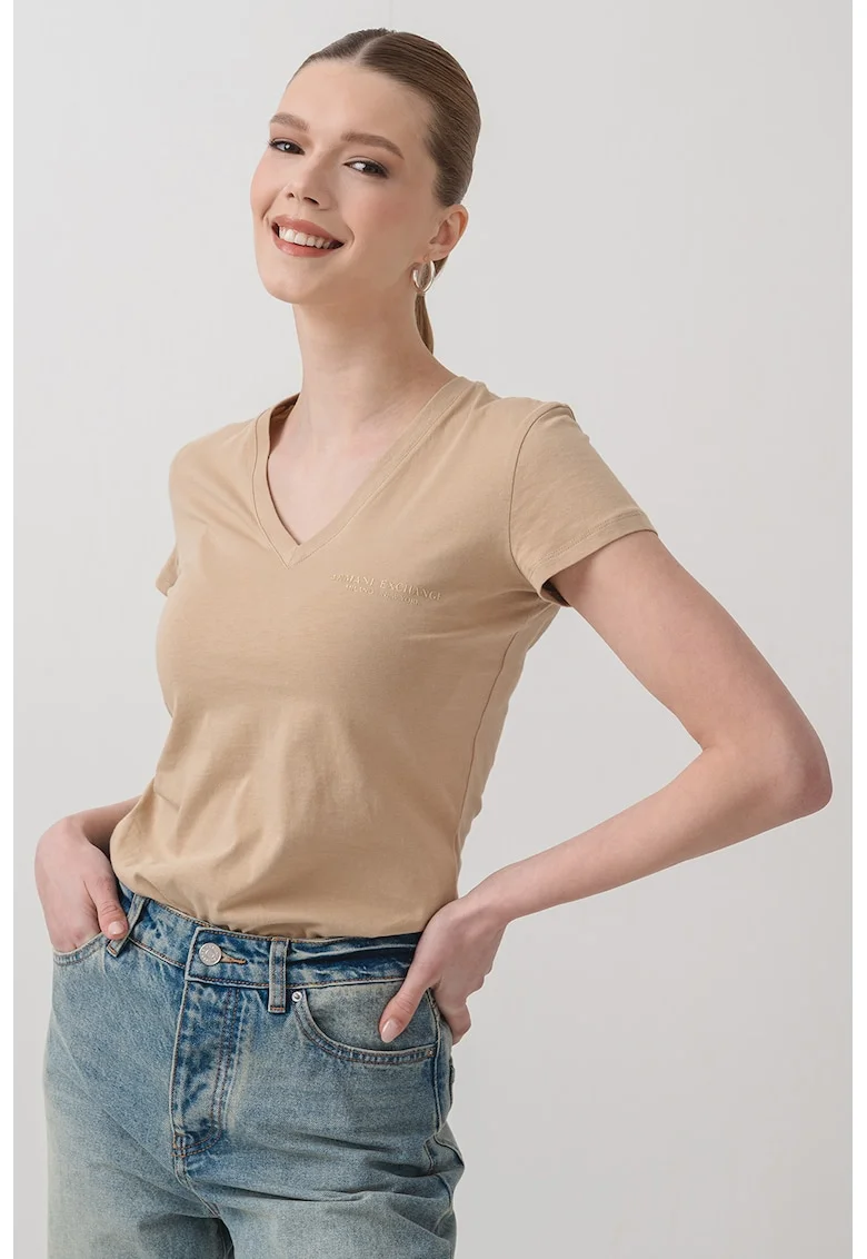 Tricou slim fit cu decolteu in V, Kaki