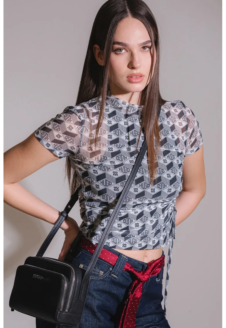 Tricou cu model floral Dastoria, Alb murdar/Gri inchis/Transparent