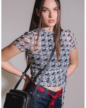 Tricou cu model floral Dastoria, Alb murdar/Gri inchis/Transparent
