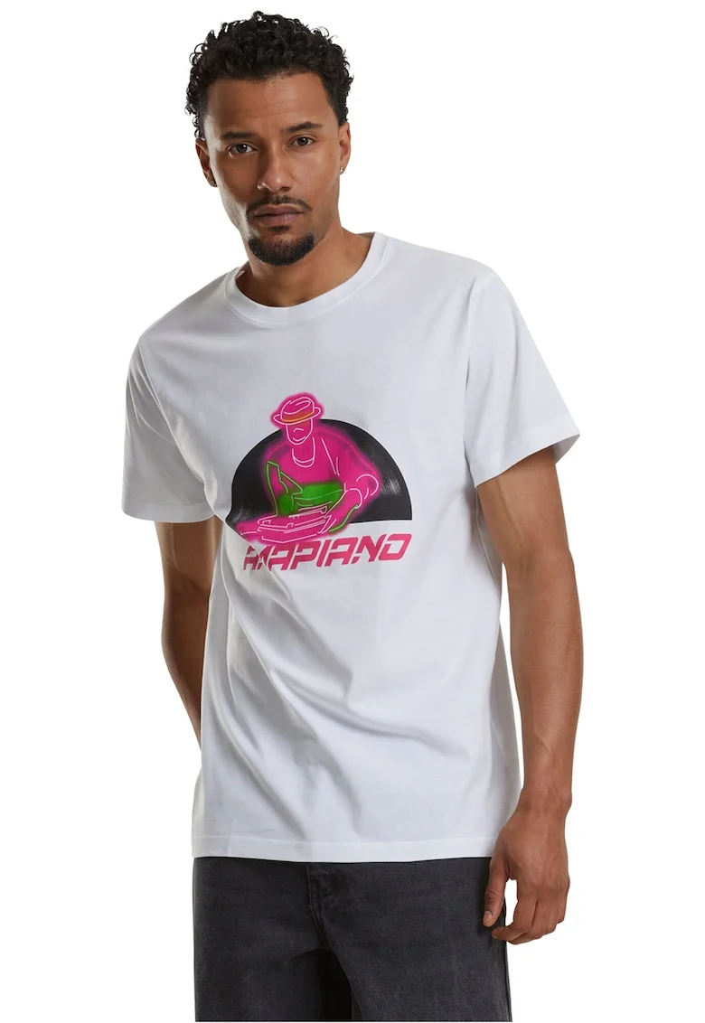 Tricou cu imprimeu grafic si decolteu la baza gatului, Roz pastel/Negru stins/Alb optic