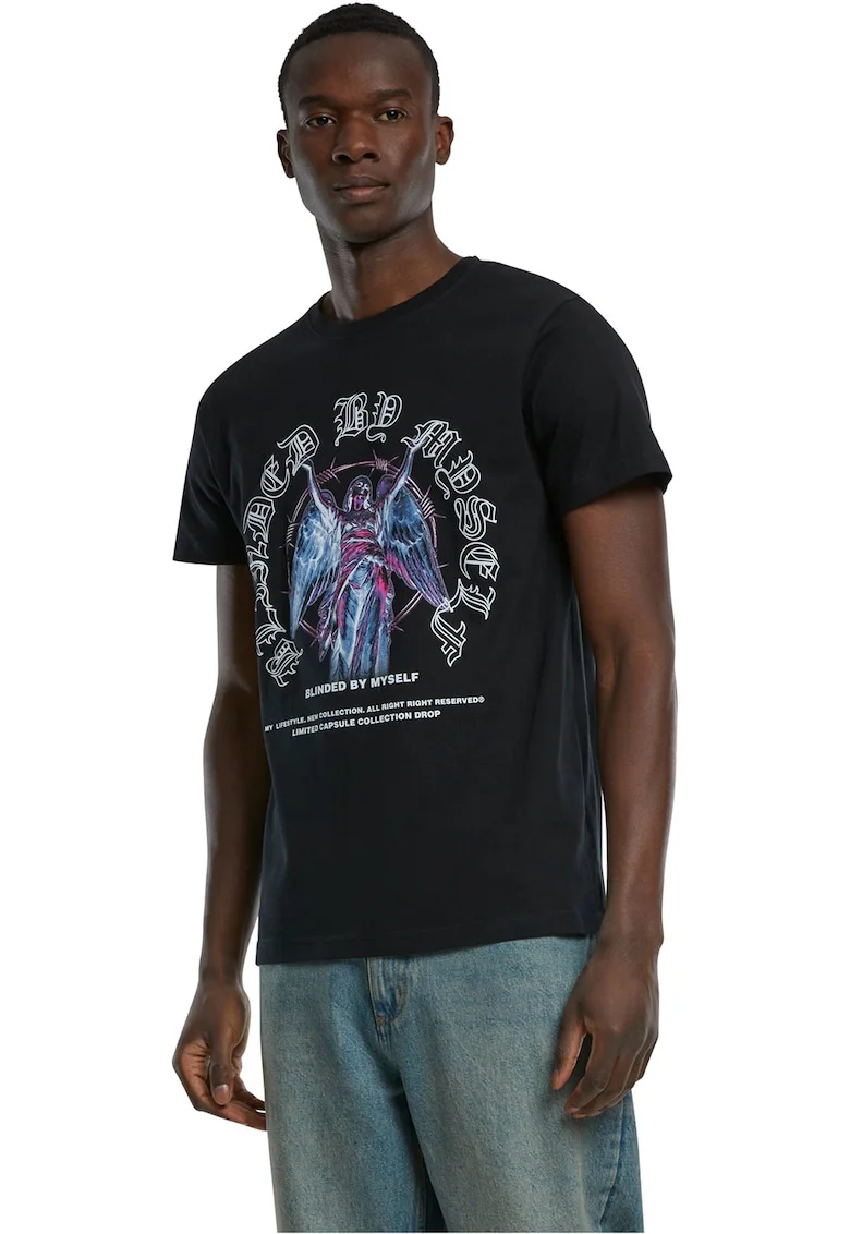 Tricou din bumbac cu imprimeu grafic, Negru/Albastru lavanda/Alb optic
