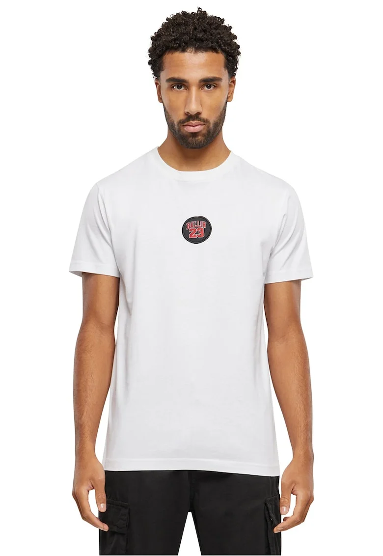 Tricou cu decolteu la baza gatului si aplicatie, Rosu/Negru stins/Alb optic