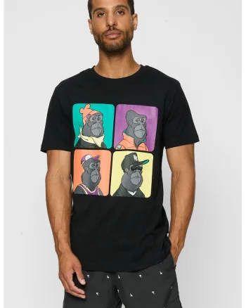Tricou cu decolteu la baza gatului si imprimeu, Negru