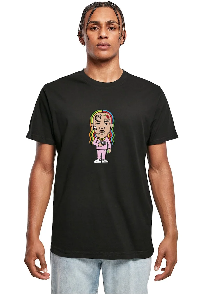 Tricou cu imprimeu grafic si decolteu la baza gatului