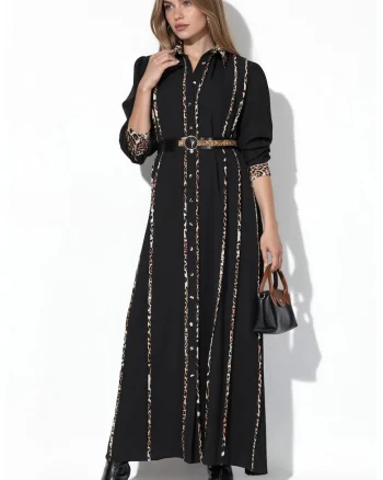Rochie camasa Maxi,  imprimeu leopard, negru, maneca lunga, poliester