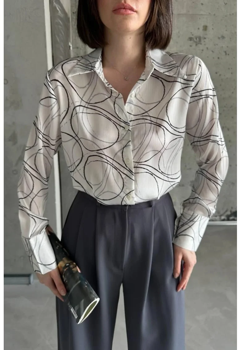 Camasa dama,  camasa cu imprimeu geometric, alb, poliester, maneca lunga