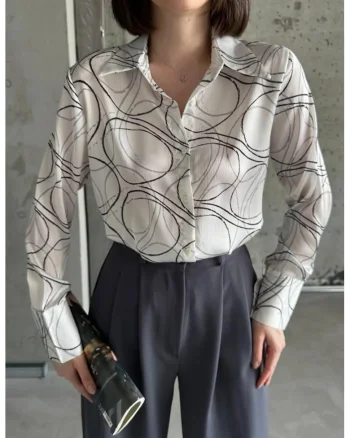 Camasa dama,  camasa cu imprimeu geometric, alb, poliester, maneca lunga