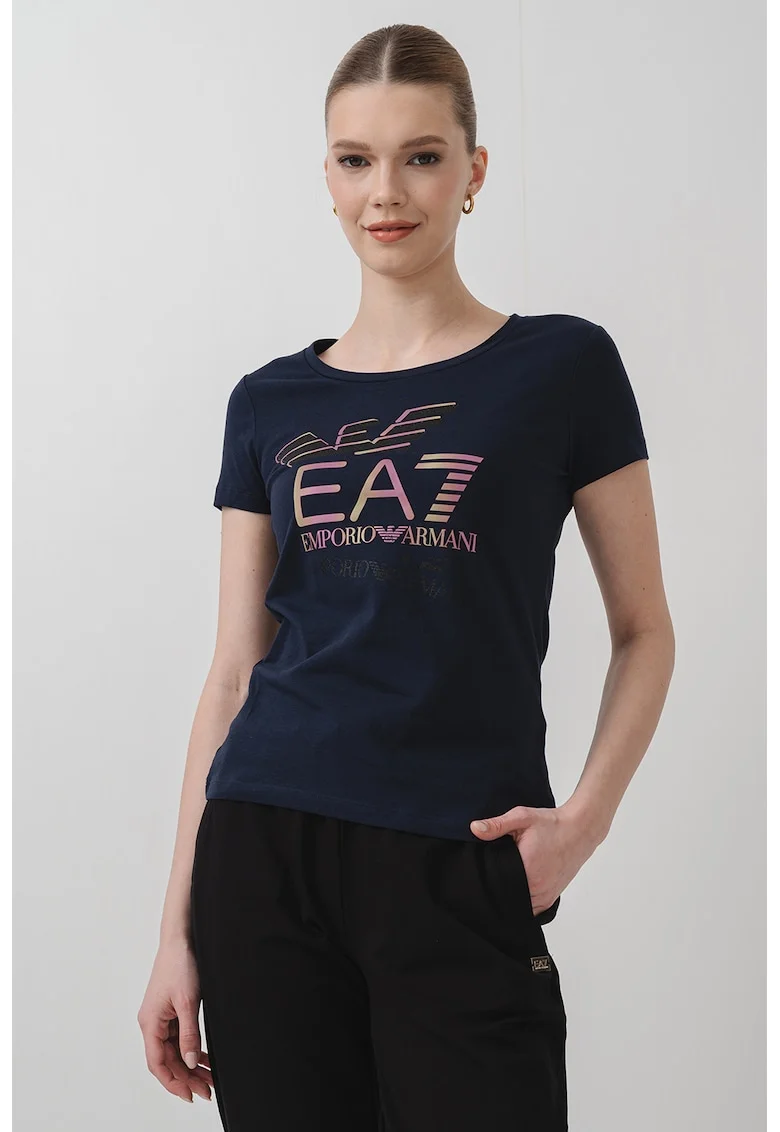 Tricou slim fit cu imprimeu logo, Bleumarin