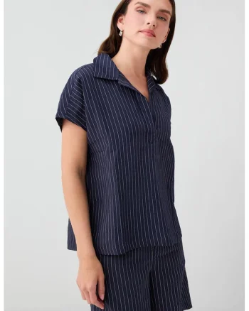 Tricou lejer cu dungi si decolteu in V, Albastru ultramarin