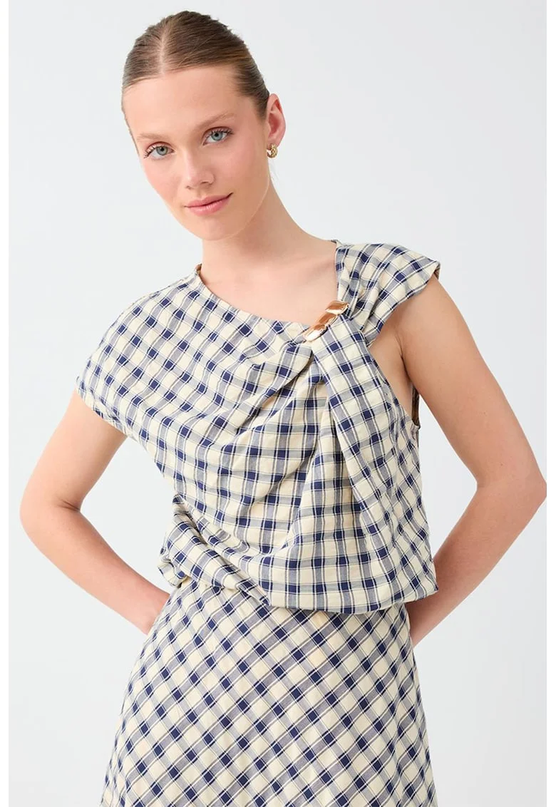 Bluza in carouri cu maneci scurte si detaliu metalic, Albastru inchis/Bej deschis