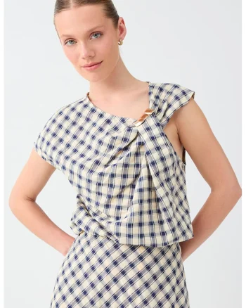 Bluza in carouri cu maneci scurte si detaliu metalic, Albastru inchis/Bej deschis