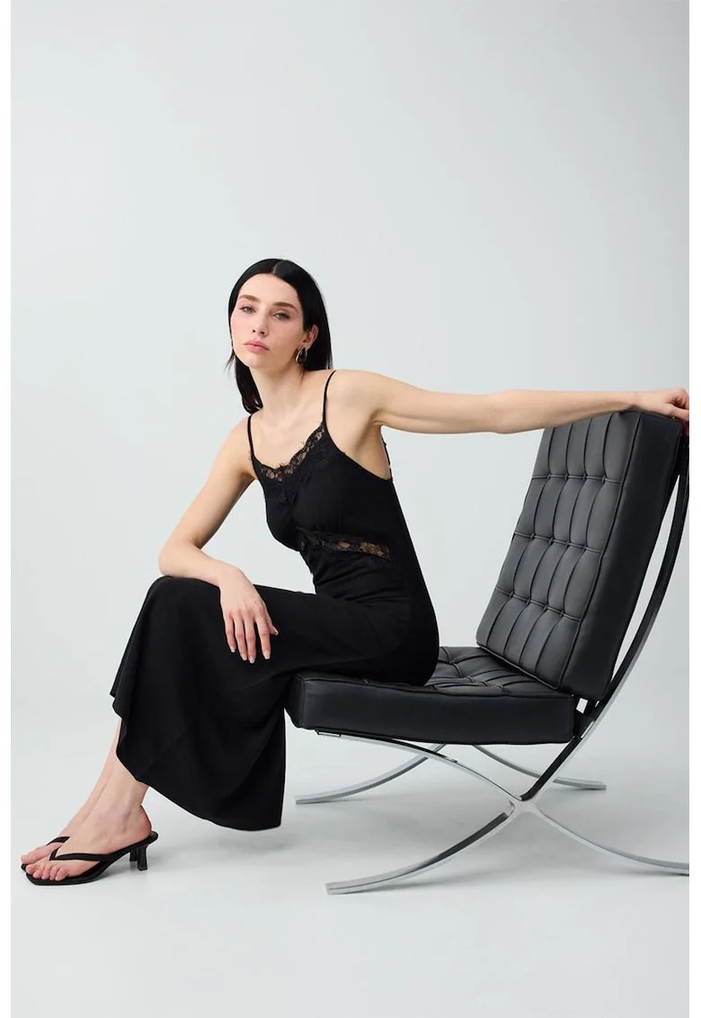 Rochie din amestec de in cu garnituri da dantela, Negru