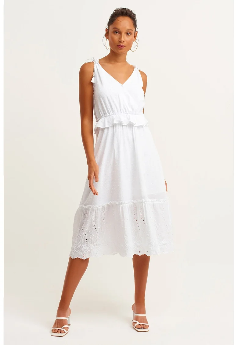 Rochie midi evazata cu volane, Alb