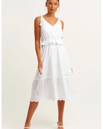 Rochie midi evazata cu volane, Alb