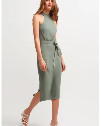 Rochie midi cu cordon in talie, Verde sparanghel