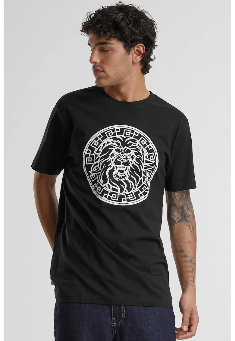 Tricou cu model text si imprimeu grafic, Alb/Negru