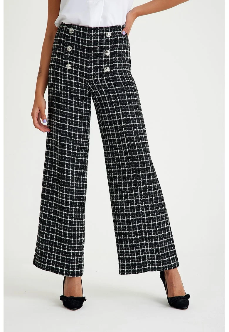 Pantaloni din tuid cu croiala conica si model in carouri, Alb/Negru
