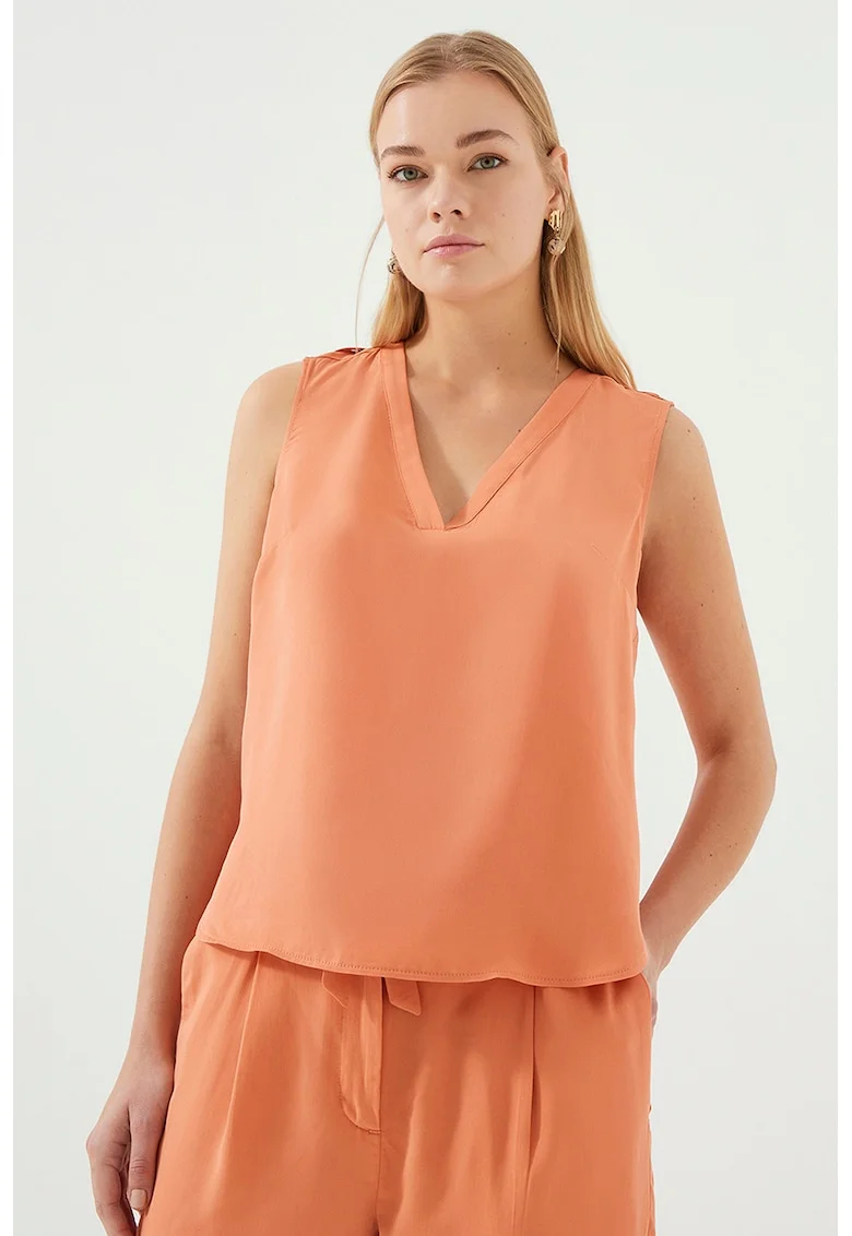 Bluza din lyocel cu decolteu in V, fara maneci, Portocaliu persan
