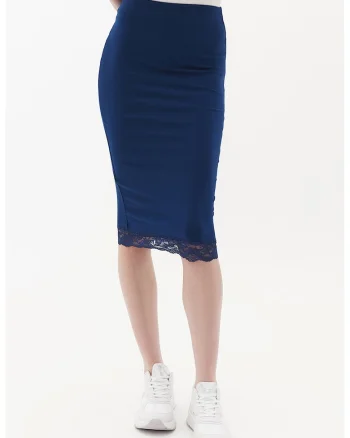 Fusta midi cu garnitura din dantela Mollacetek, Bleumarin