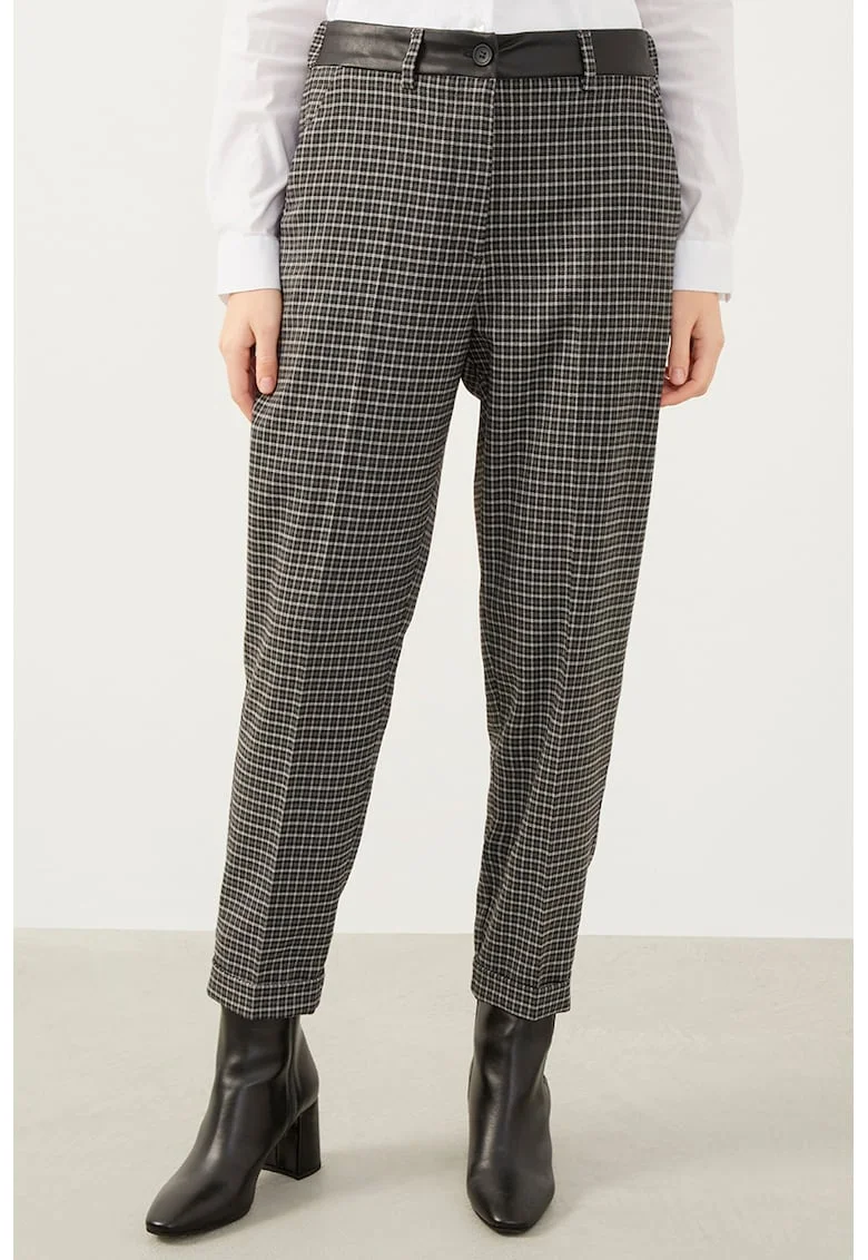 Pantaloni crop cu pliuri si model, Negru/Alb murdar/Gri inchis