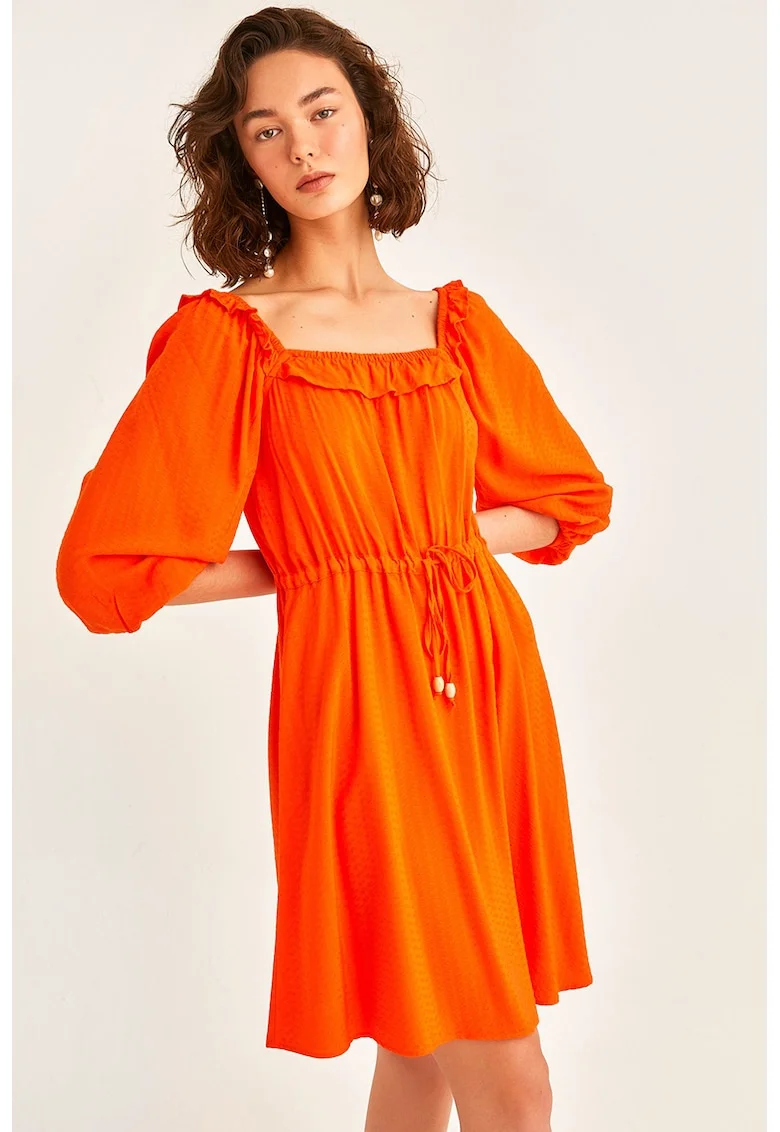 Rochie scurta cu model uni si decolteu patrat, Portocaliu mandarina