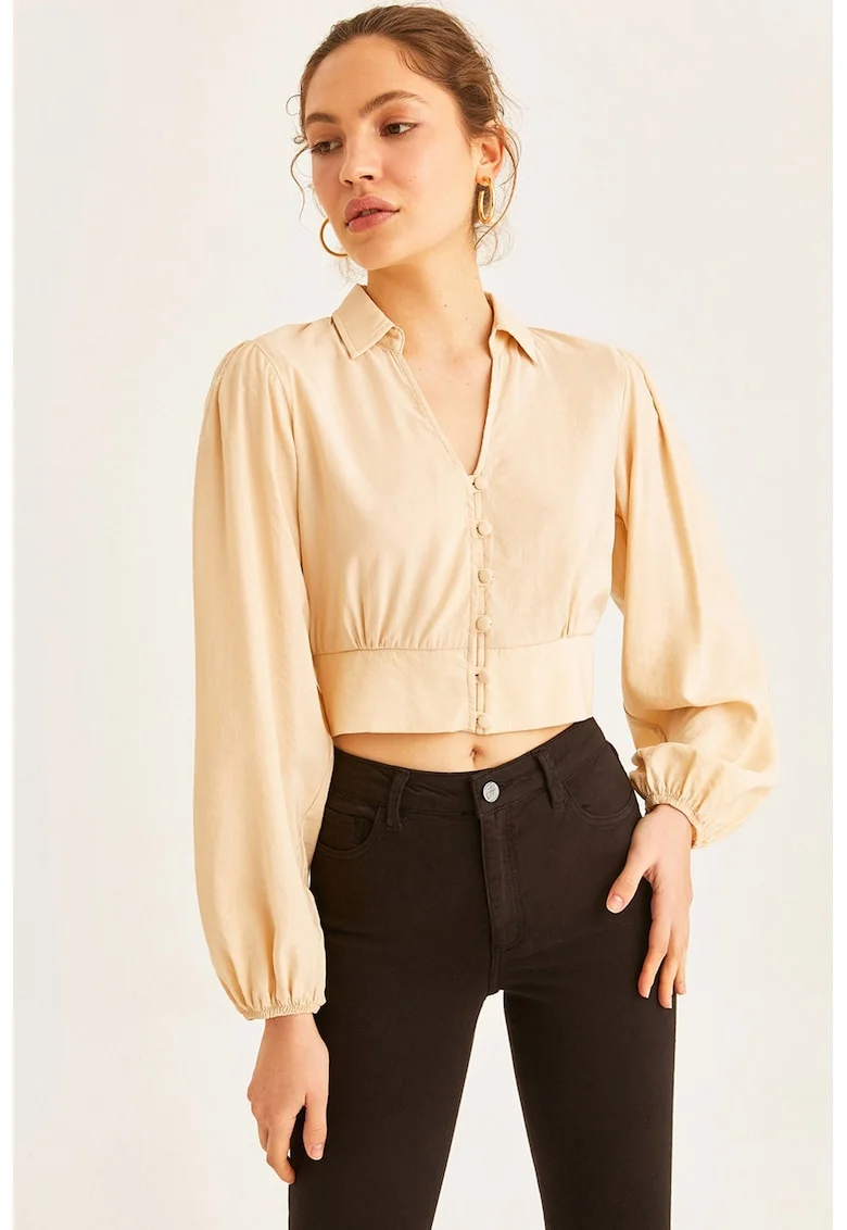 Bluza crop cu maneci bufante, Bej