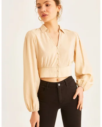 Bluza crop cu maneci bufante, Bej