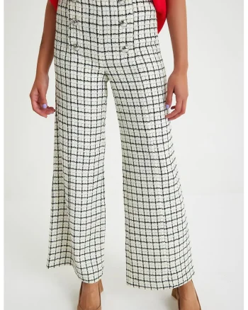 Pantaloni din tuid cu croiala conica si model in carouri, Alb fildes/Negru/Albastru azur