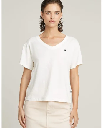 Tricou cu decolteu in V si logo, Alb