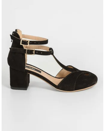 Pantofi din piele intoarsa cu bareta in forma de T Jackie, Negru