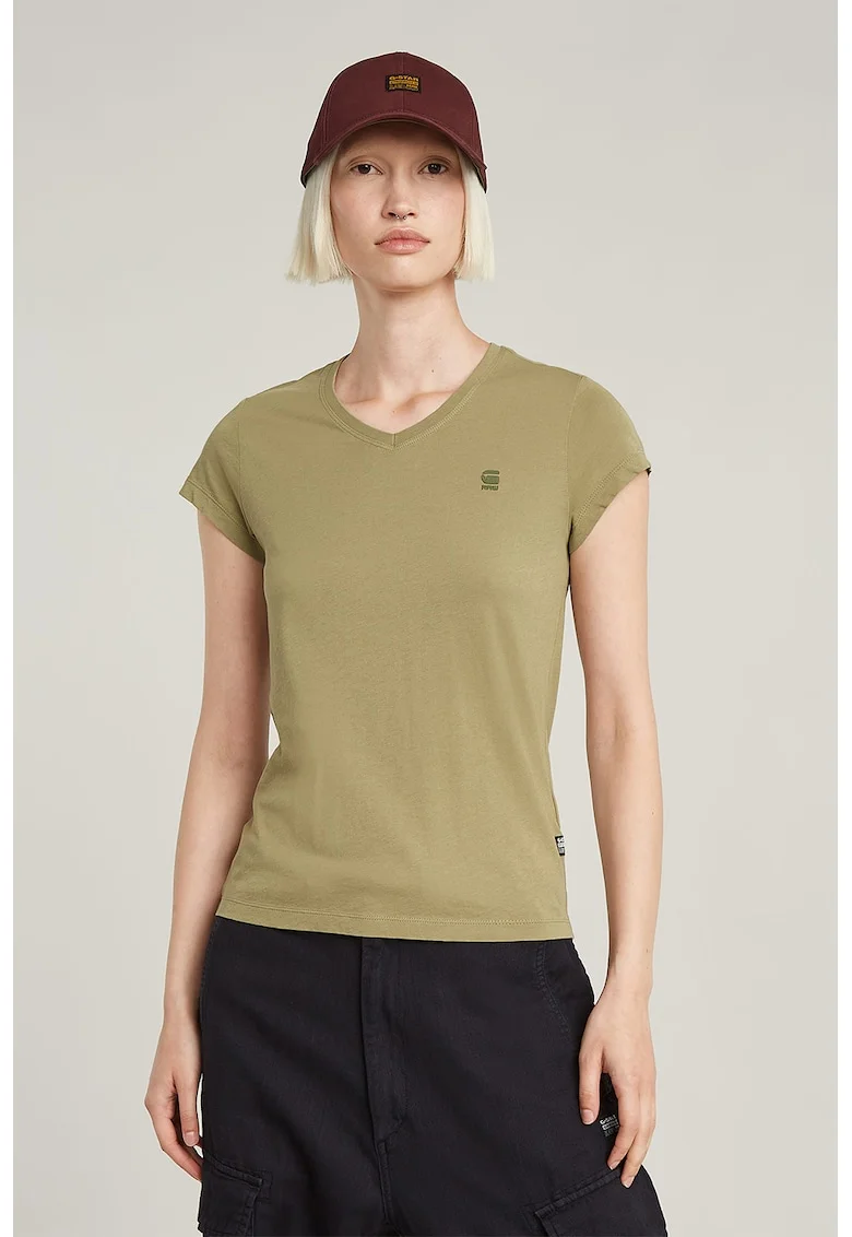 Tricou de bumbac organic cu decolteu in V Eyben, Kaki