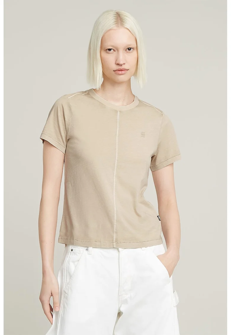 Tricou de bumbac organic cu decolteu la baza gatului, Bej