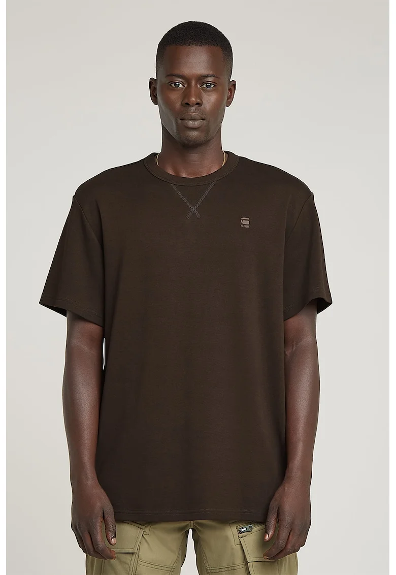 Tricou de bumbac organic cu decolteu la baza gatului, Maro inchis