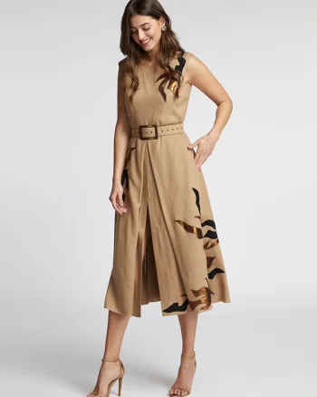 Rochie midi din viscoza cu broderii Argus, Bej