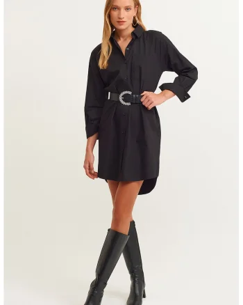 Rochie-camasa de bumbac cu terminatie asimetrica, Negru