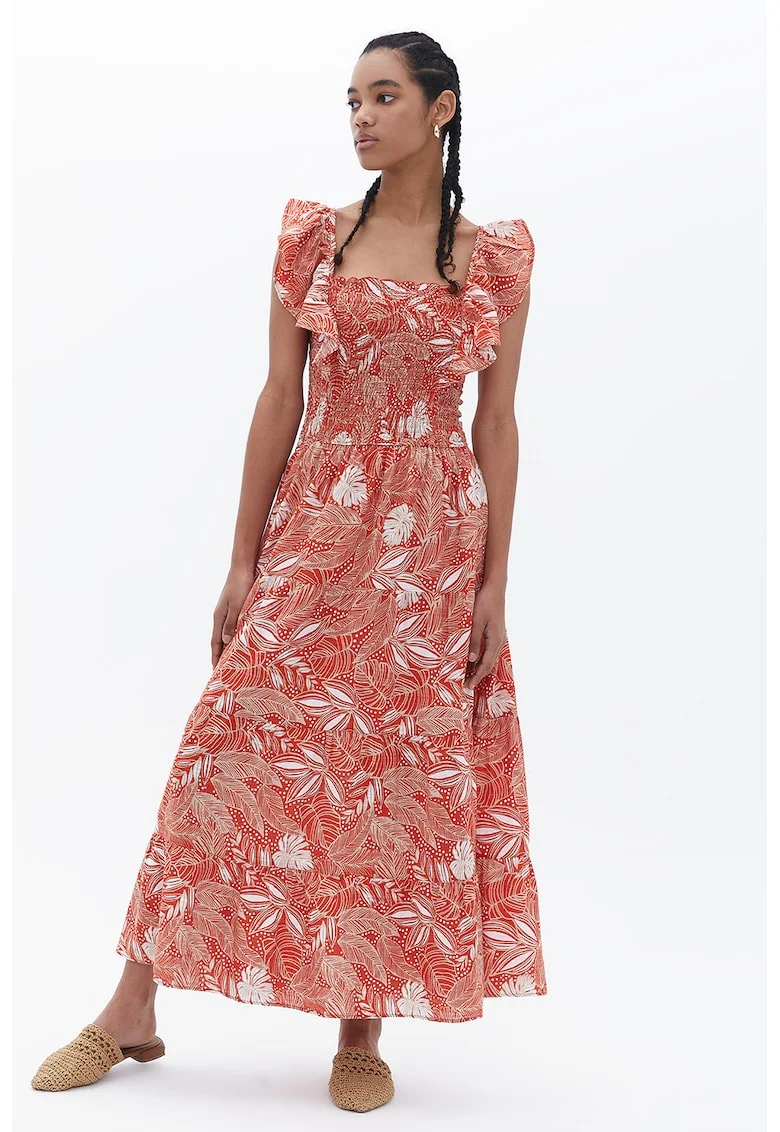 Rochie cu model floral si maneci scurte Pavdesel, Coral/Alb murdar