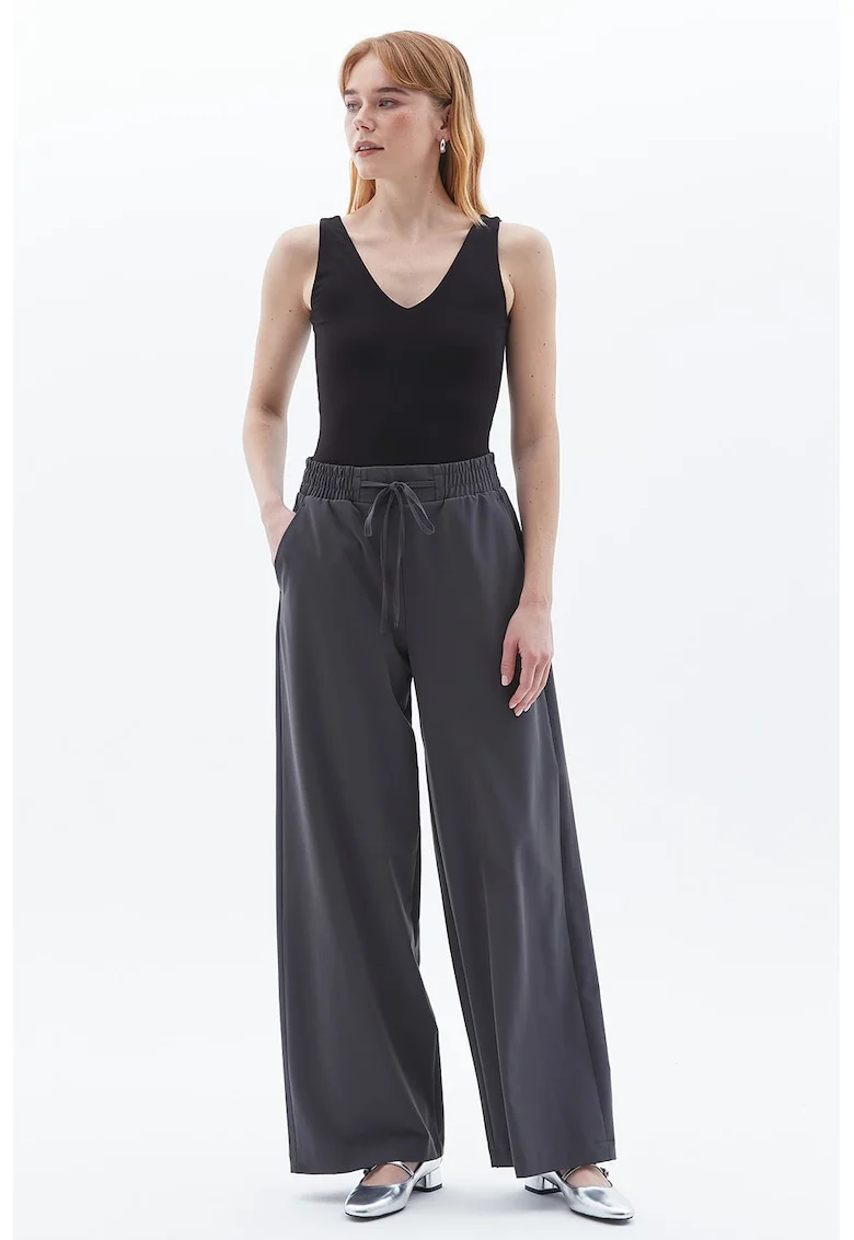 Pantaloni cu croiala ampla, model uni si talie ajustabila, Negru stins