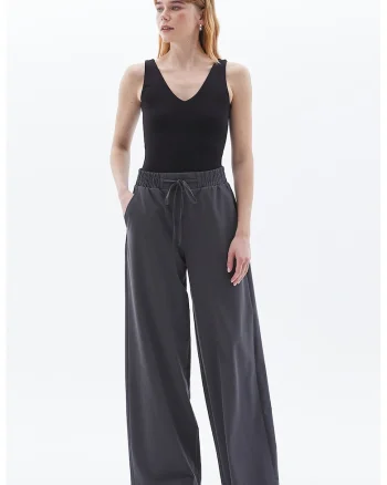 Pantaloni cu croiala ampla, model uni si talie ajustabila, Negru stins
