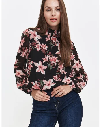 Bluza cu model floral si maneci bufante, Negru/Roz