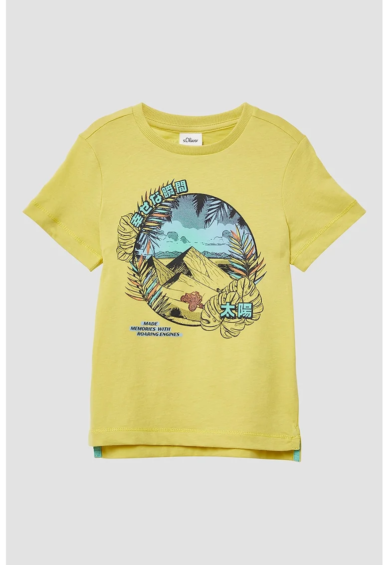 Tricou cu decolteu la baza gatului si imprimeu, Albastru/Galben mustar