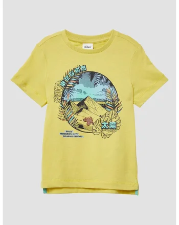 Tricou cu decolteu la baza gatului si imprimeu, Albastru/Galben mustar