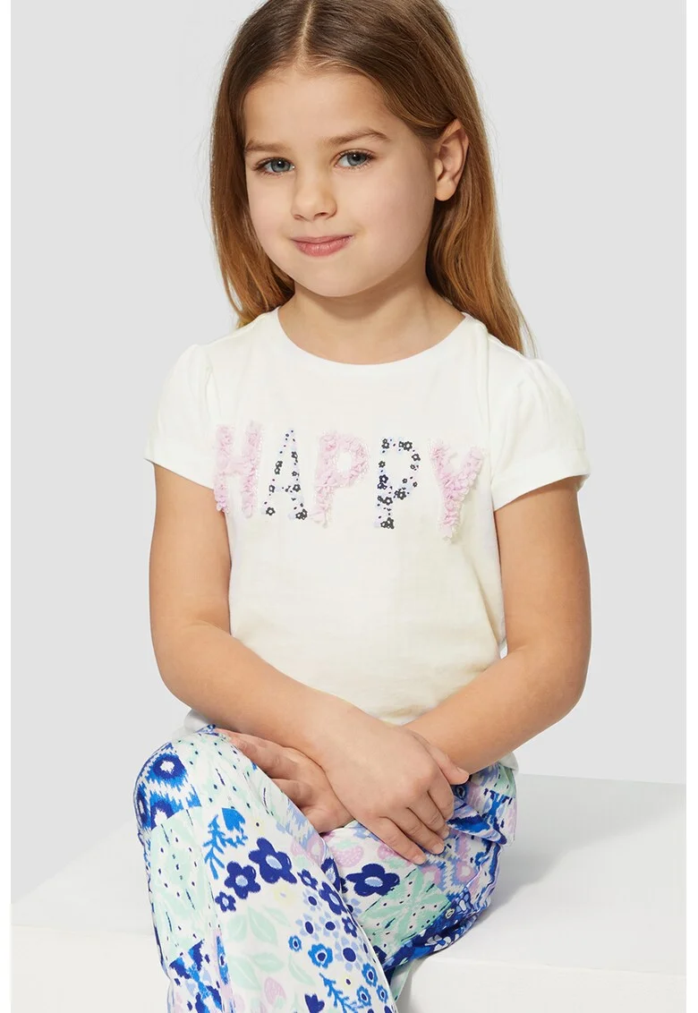 Tricou cu decolteu la baza gatului si imprimeu, Alb/Roz/Albastru
