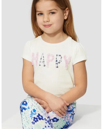 Tricou cu decolteu la baza gatului si imprimeu, Alb/Roz/Albastru