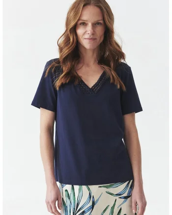 Tricou din amestec de modal cu decolteu in V, Bleumarin