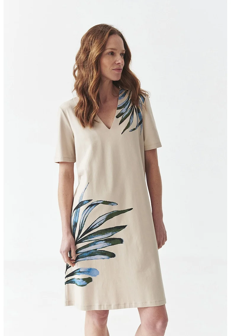 Rochie-tricou cu decolteu in V, Albastru lavanda/Verde englez/Bej deschis